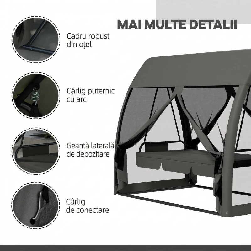 Outsunny Leagăn de Grădină 2 în 1, Convertibil în Pat, cu Perne și Plasă de Țânțari, 240x140x197 cm, Gri