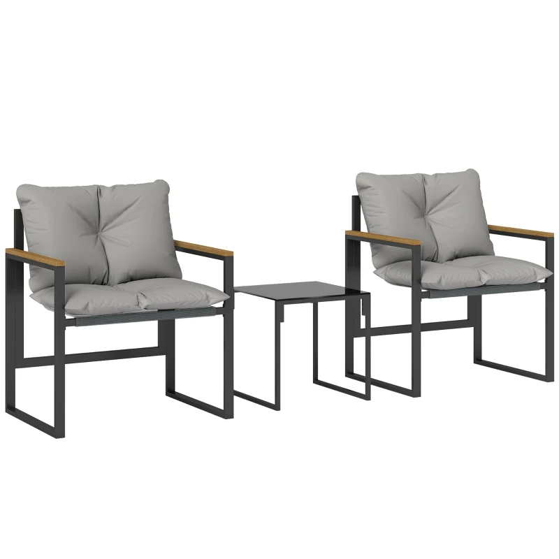 Outsunny Salon de jardin 3 pièces 2 places avec 2 fauteuils 1 table basse, plateau en verre trempé et coussins, gris