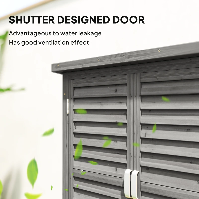 Outsunny Garden Shed Wooden Garden Storage Shed 2 Door Unit Solid Fir Wood Garage Tool Organisation Cabinet, 87L x 46.5W x 96.5Hcm, Grey