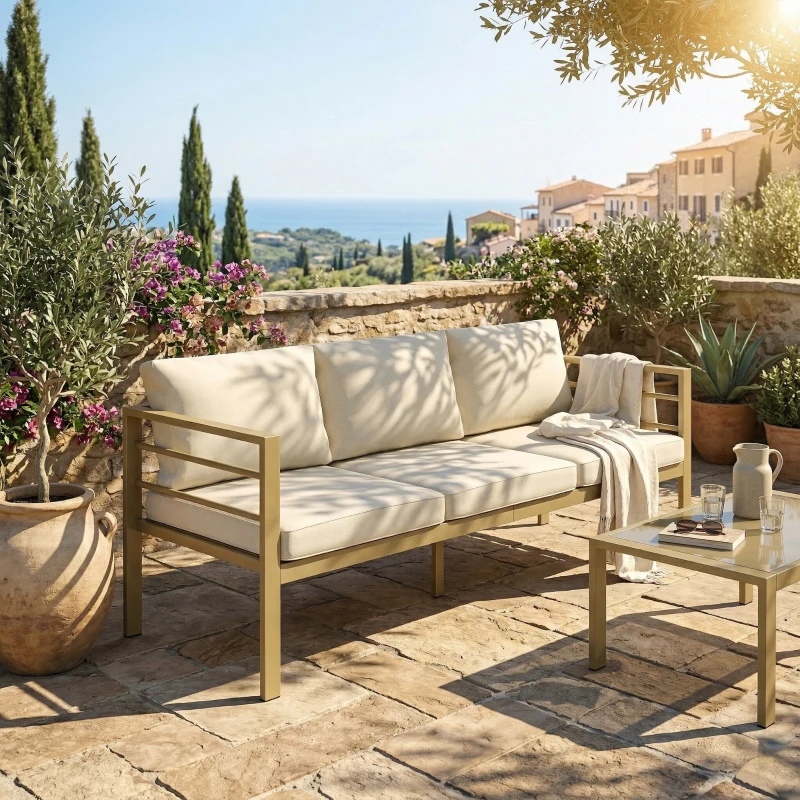 Outsunny Garden Bench with Cushions, 3-Seater Sofa with Backrest, Armrest and Back Cushions, 185 x 66 x 64cm, Cream White