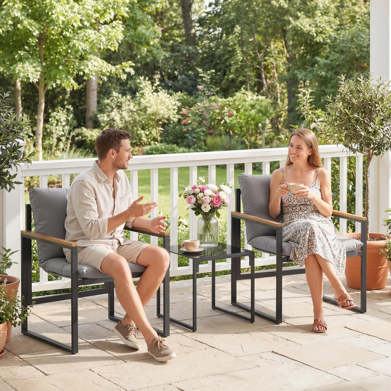 Outsunny Salon de jardin 3 pièces 2 places avec 2 fauteuils 1 table basse, plateau en verre trempé et coussins, gris