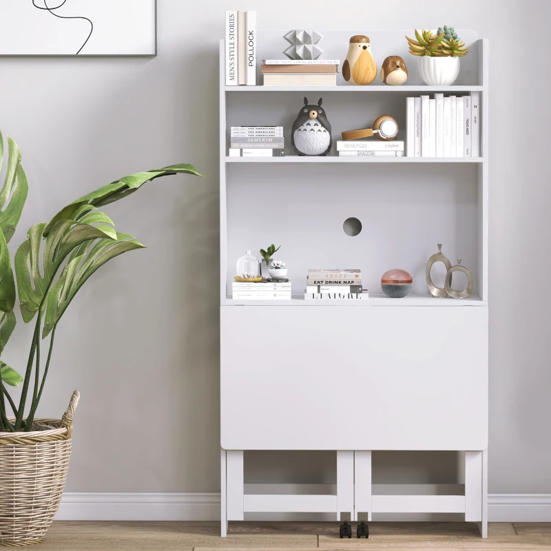 HOMCOM Scrivania Pieghevole con Libreria a 4 Ripiani, 2 Ruote e Foro Passacavi, 80x69x155 cm, Bianco