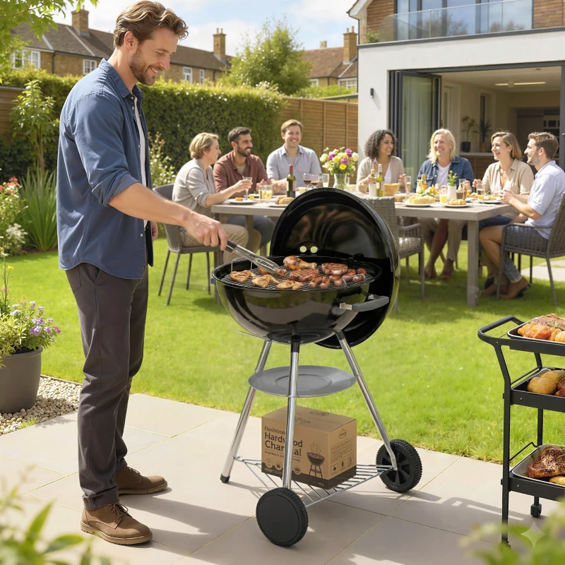 Outsunny barbecue portable au charbon, grille extérieure ronde avec couvercle, thermomètre, roues, noir.