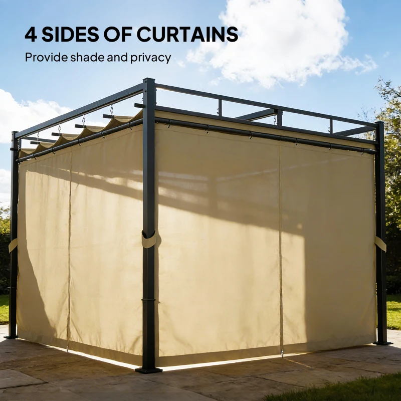 Outsunny 3 x 3 m Pergola with Retractable Roof Canopy and Curtains, UPF30+ Metal Frame Garden Pergola Gazebo Sun Shade, Khaki