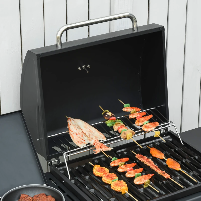 Outsunny Gratar pe gaz cu Capac si Termometru, Raft si 2 Roti, 110x50x100cm Negru