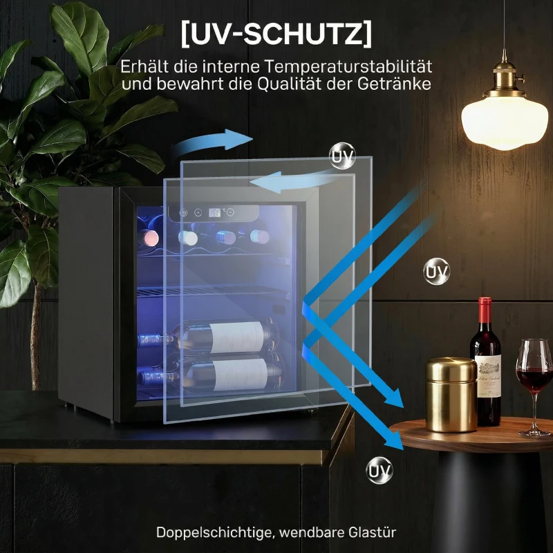HOMCOM Weinkühler für 12 Flaschen, 36 L Kapazität, 4–16°C, Unterbau Kühlschrank für Getränke und Bier, mit Glastür, LED-Licht