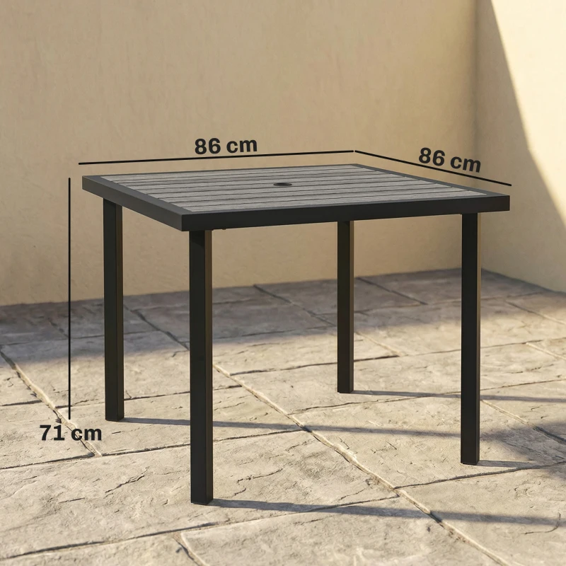 Outsunny Square Garden Dining Table with Parasol Hole, Slatted Top, Metal Frame, 86 x 86 x 71 cm, Light Grey