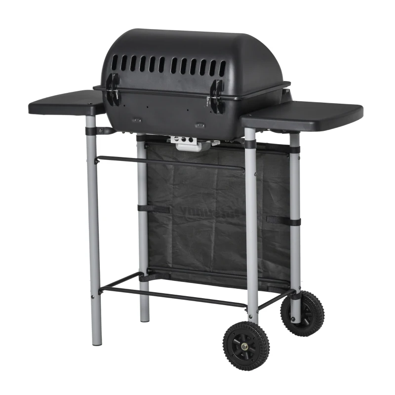 Outsunny Gratar pe gaz cu Capac si 2 Arzatoare cu o putere totala de 5,6 kW, Gratar din Otel cu Roti si Rafturi, 104x49x99cm Negru