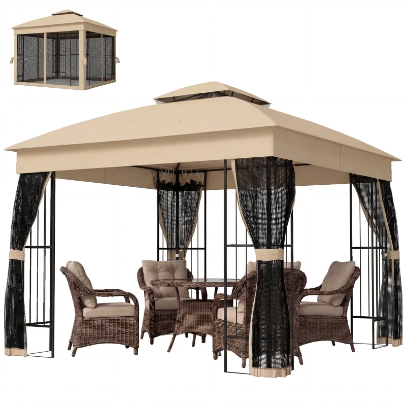 Outsunny 3 x 3 m Outdoor Garden Gazebo with Post Shelves, UPF50+ Double Roof Patio Permanent Pavilion, Brown