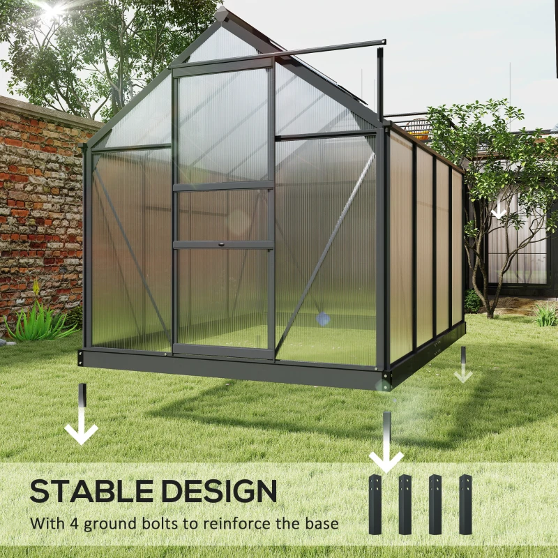 Outsunny 6 x 8ft Polycarbonate Greenhouse, Large Walk in Green House with Slide Door and Window, Garden Plants Grow House with Aluminium Frame and Foundation, Grey