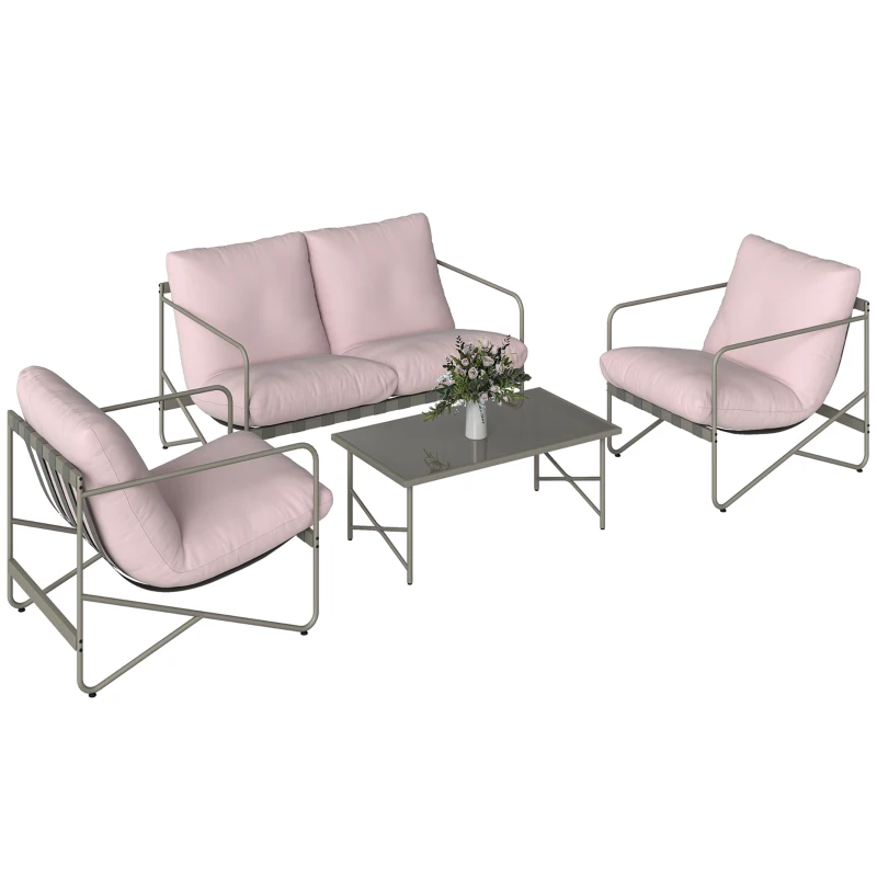 Outsunny Conjunto de Jardim de 4 peças com Sofá de 2 Lugares 2 Poltronas Mesa de Vidro Temperado e Almofadas Grossas para Terraço Rosa