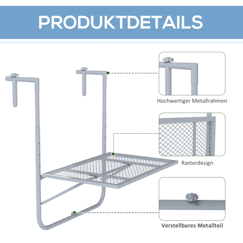 Outsunny Balkonhangtafel opklapbaar 4-voudig verstelbare hangtafel van metaal, weerbestendig balkontafel 60x40 cm Grijs