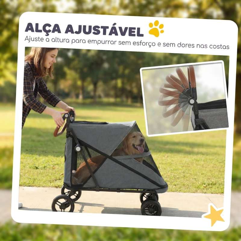 PawHut Carrinho para Cães Dobrável com um Botão até 30 kg com Suspensão em 4 Rodas Giratório e Travão de Pé Cinzento