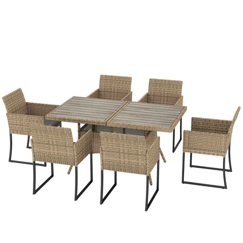 Outsunny 7 Piece Rattan Garden Furniture Set, Garden Dining Set with Wood-Plastic Table and 6 Stackable Chairs, Dark Grey