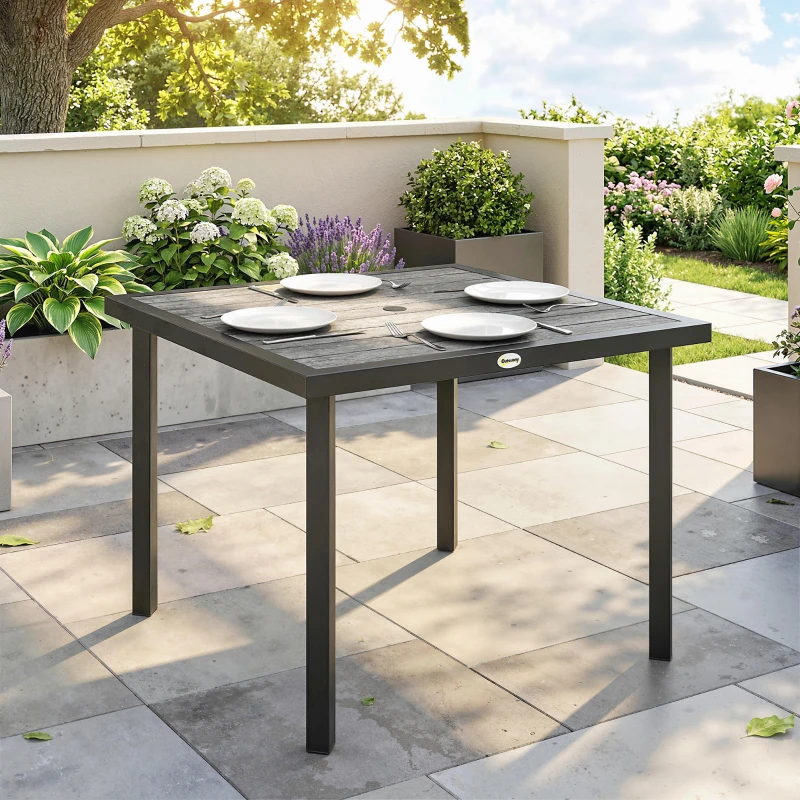 Outsunny Square Garden Dining Table with Parasol Hole, Slatted Top, Metal Frame, 86 x 86 x 71 cm, Light Grey