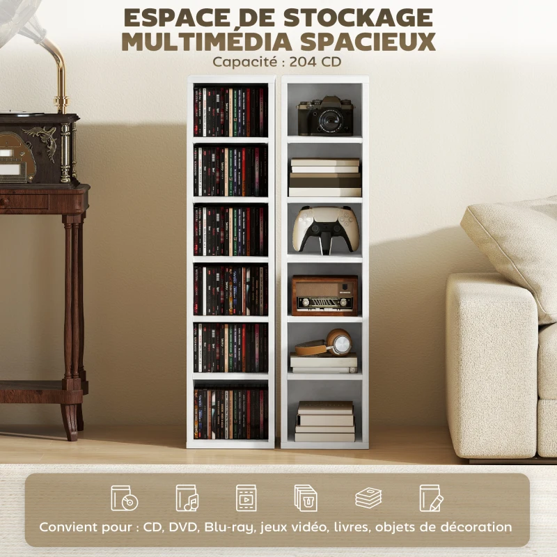 HOMCOM Lot de 2 étagères colonnes armoire de rangement CD-DVD 12 compartiments 21 x 22,5 x 88,5 cm capacité 204 CD blanc