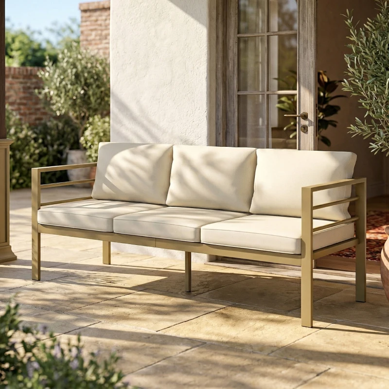Outsunny Garden Bench with Cushions, 3-Seater Sofa with Backrest, Armrest and Back Cushions, 185 x 66 x 64cm, Cream White