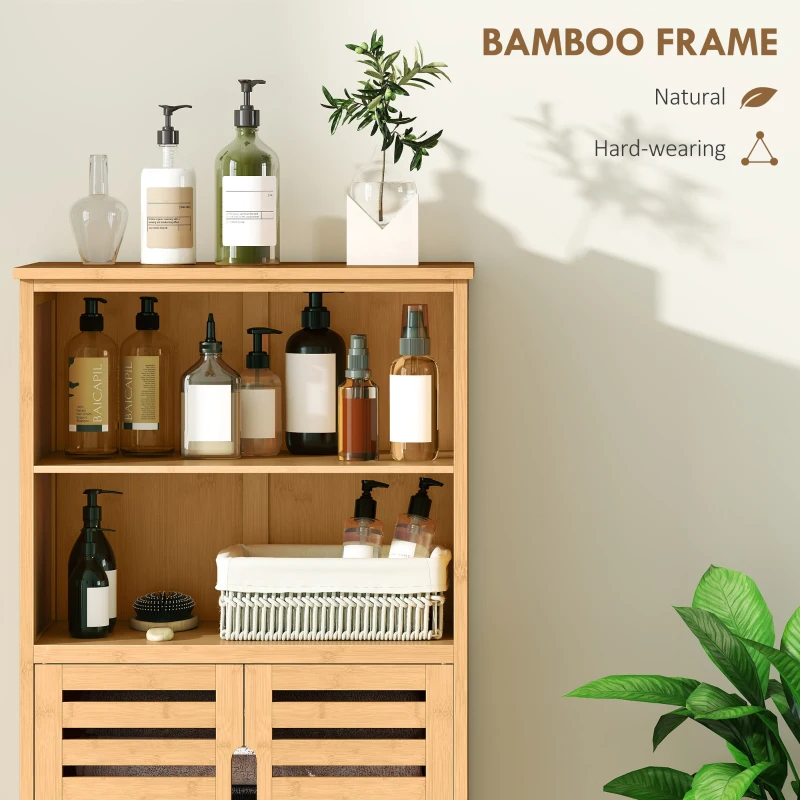 Szafka łazienkowa z bambusa kleankin, z drzwiami z żaluzjami, 2 półki, 1 szafka, 50 cm x 29 cm x 92 cm, naturalna