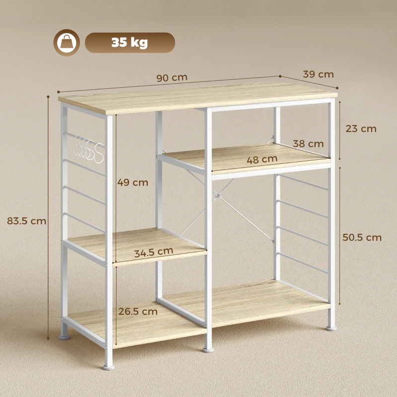 HOMCOM Scaffale Cucina Salvaspazio con Ripiani in Legno e Metallo e 5 Ganci, 90x39x83.5 cm, Rovere