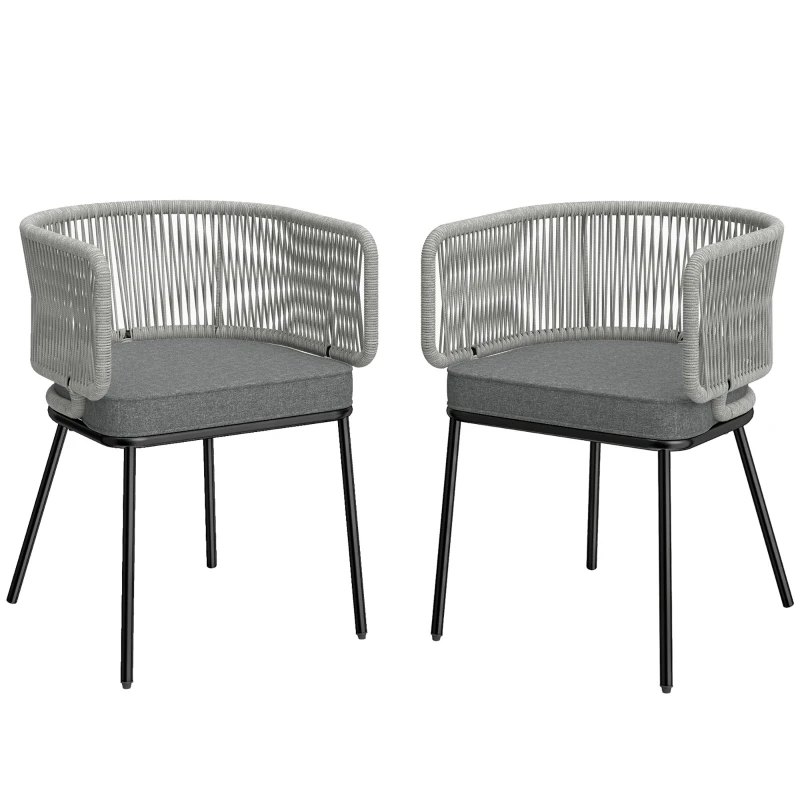 Outsunny Conjunto de 2 Cadeiras de Jardim em Vime Sintético com Almofadas Apoios de Braços e Estrutura de Aço 55x57x75 cm Cinzento Claro