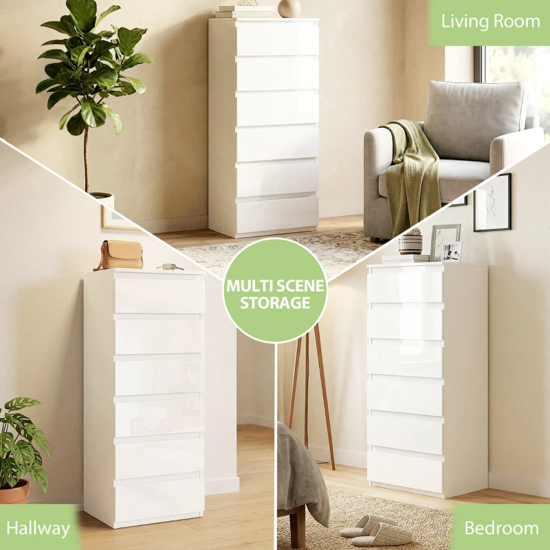 HOMCOM Cómoda de Dormitorio con 6 Cajones Estrecha Sinfonier Ahorro Espacio 40x35x109 cm Blanco Brillo