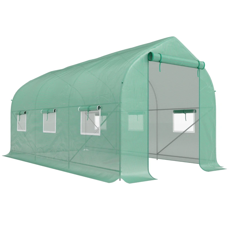 Outsunny Serre tunnel de jardin 8m², serre de jardin tunnel avec 1 porte et 6 fenêtres, bâche PE 140g/m² 400x200x200cm vert
