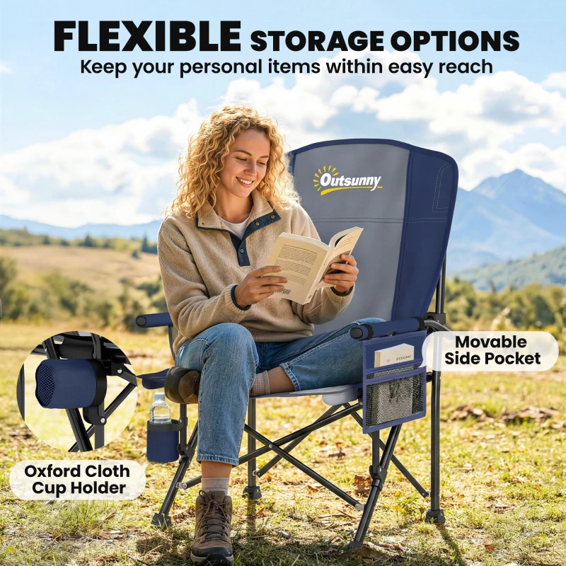 Outsunny Padded Camping Chair Adults Heavy Duty Folding Chair Side Pocket Cup Holder Carry Bag Outdoor Dark Blue