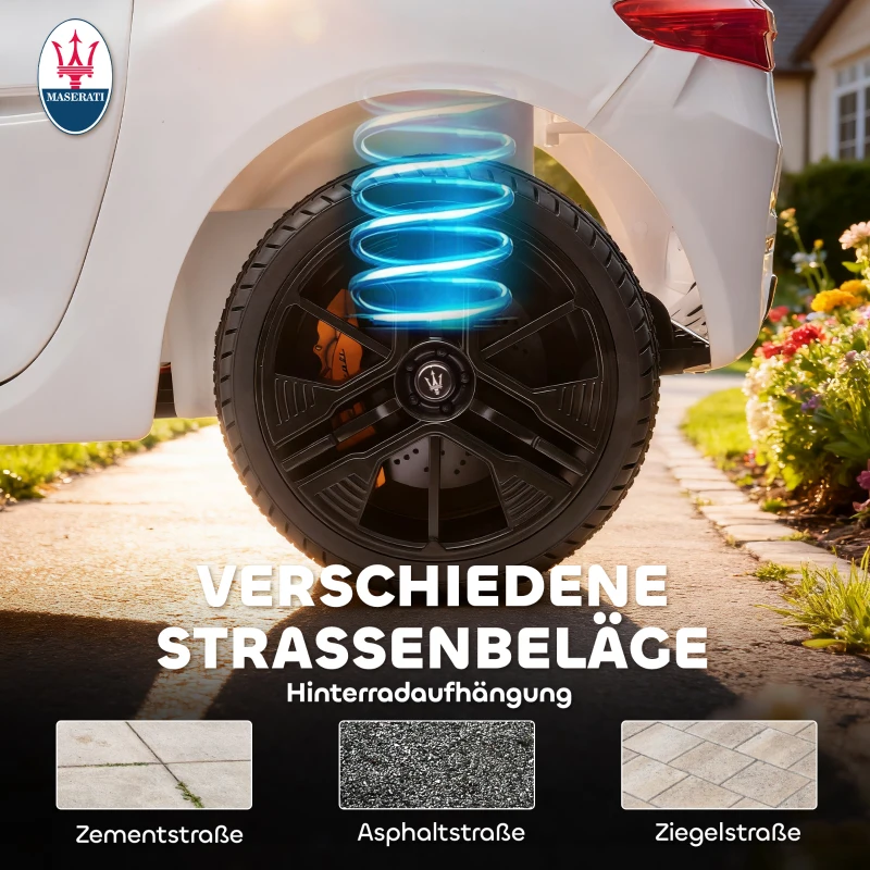 AIYAPLAY Maserati Elektroauto für Kinder, 2-Sitzer, 12V Batteriebetrieb, Fernbedienung, LED-Lichter, Musikfunktion, Weiß