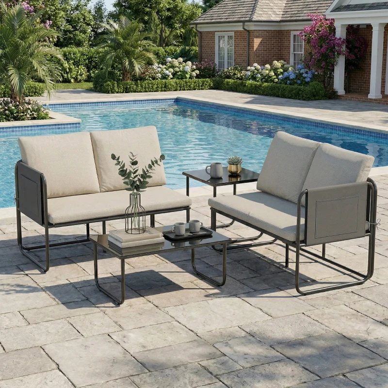 Outsunny Set Mobilier Grădină Exterior 4 Piese cu 2 Canapele 2 Locuri 2 Mese din Sticlă Perne Huse Detașabile și Buzunare Kaki