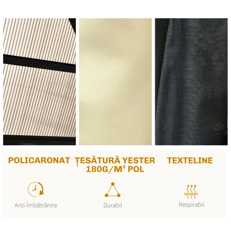Outsunny Pavilion de grădină Hardtop 4.2 x 3.6 m, Draperii cu plasă împotriva insectelor, Structură din aluminiu, Maro+Crem