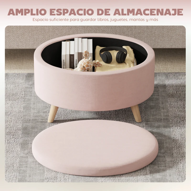 HOMCOM Puff Almacenaje Ovalado Banco Almacenaje 71x51,5x42 cm Tapizado en Terciopelo con Patas de Madera Maciza Rosa Claro