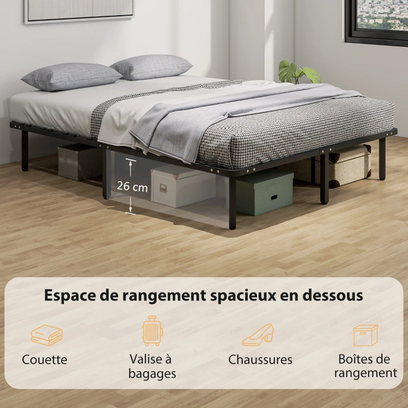 HOMCOM Cadre de lit 160 x 200 cm, lit 2 personnes avec sommier à lattes en bois massif et pied, avec rangement au-dessous, noir