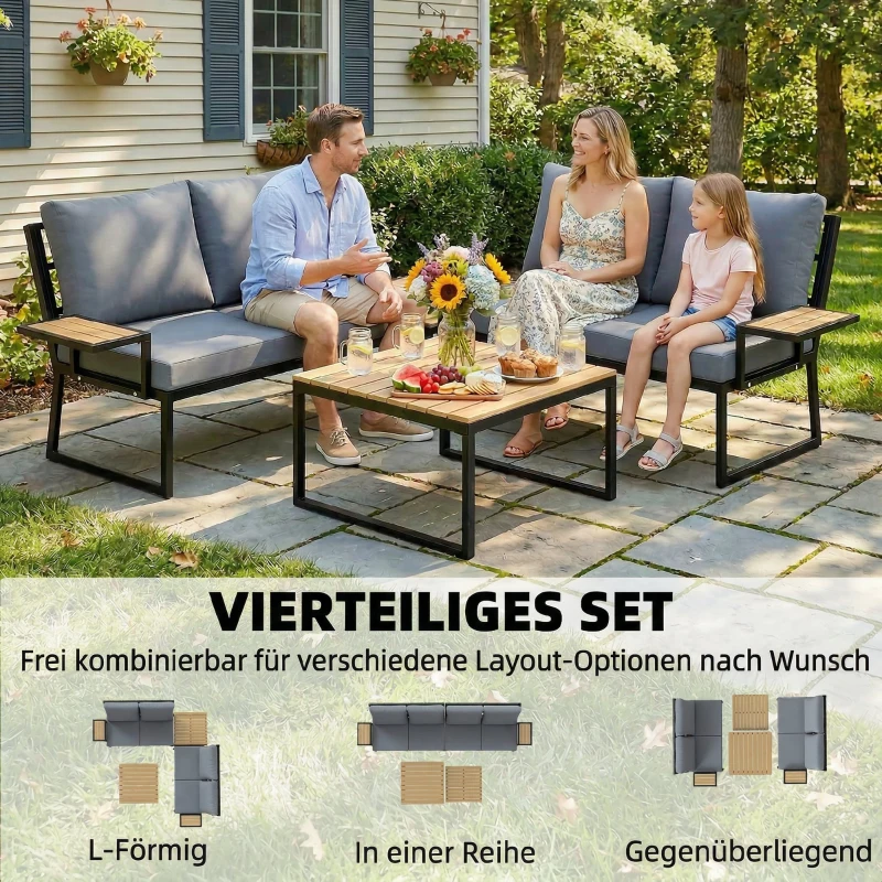 Outsunny Gartenmöbel Set L-Form Metall Sitzgruppe für 4 Personen Gartenlounge mit 2er Sofa Kissen 2 stapelbar Beistelltisch Teak