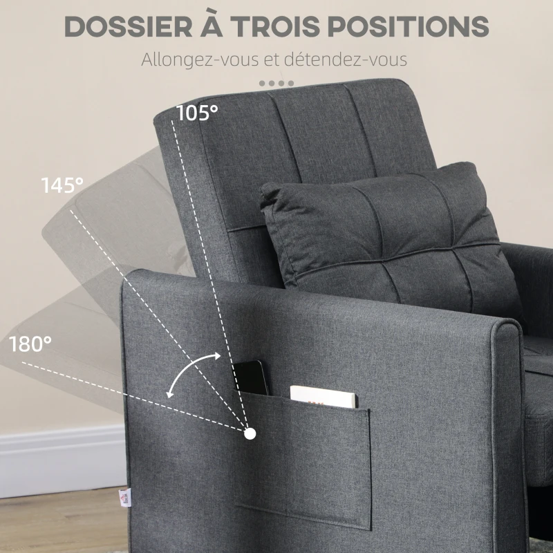 HOMCOM Fauteuil convertible 1 place 3 en 1 dossier réglable en 3 positions oreiller inclus 2 poches latérales 69x82x85cm gris(m-5)
