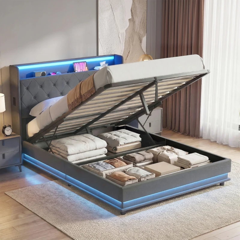 HOMCOM Lit coffre 140x190cm éclairage LED et station de charge cadre de lit double rembourré lin rangement hydraulique gris