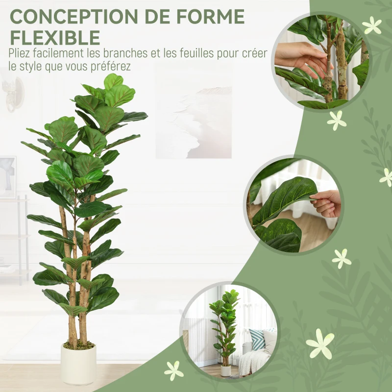 HOMCOM Plante artificielle intérieure 150 cm Figuier lyre arbre artificiel avec pot en plastique et tronc en bois massif, vert