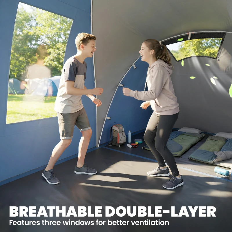 Outsunny Family Camping Tent 3000mm Waterproof Windproof Tunnel Tent 8-12 Person, Navy Blue & Light Grey