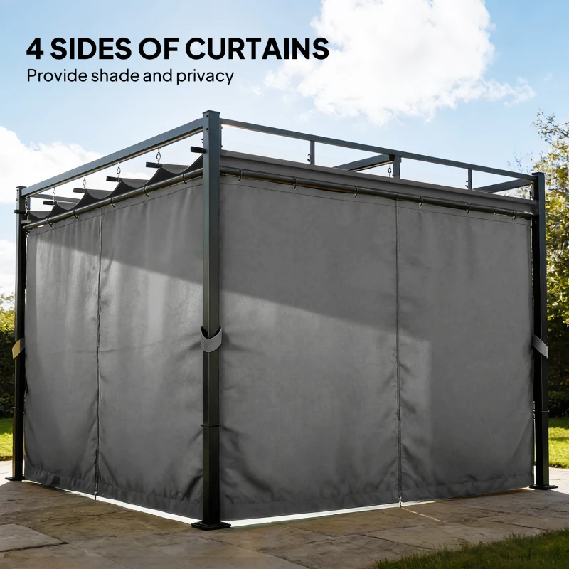 Outsunny 3 x 3 m Pergola with Retractable Roof Canopy and Curtains, UPF30+ Metal Frame Garden Pergola Gazebo Sun Shade, Dark Grey