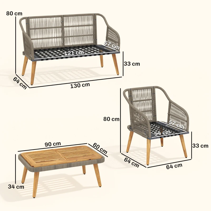 Outsunny 4 Piece Rattan Garden Furniture Set with Loveseat, Armchairs, Wood Table, Wicker Patio Conversation Set, Cream White