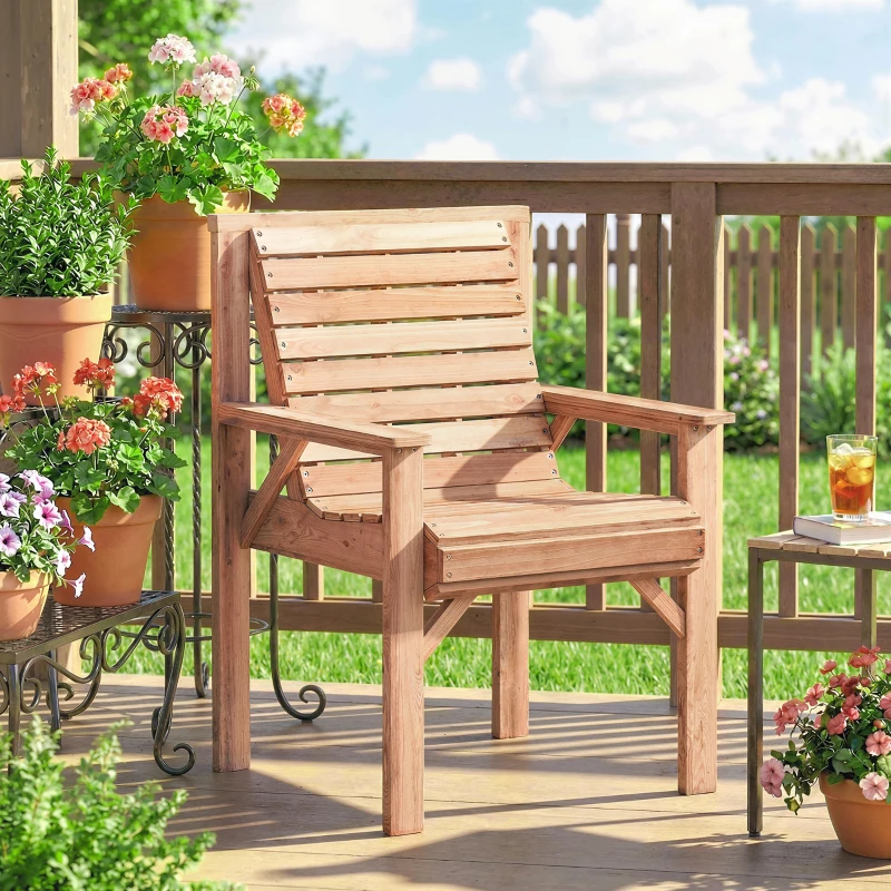 Outsunny Wooden Garden Dining Chair, Outdoor Chair Garden Armchair with Curved Seat and Wide Armrests, Natural Wood Finish