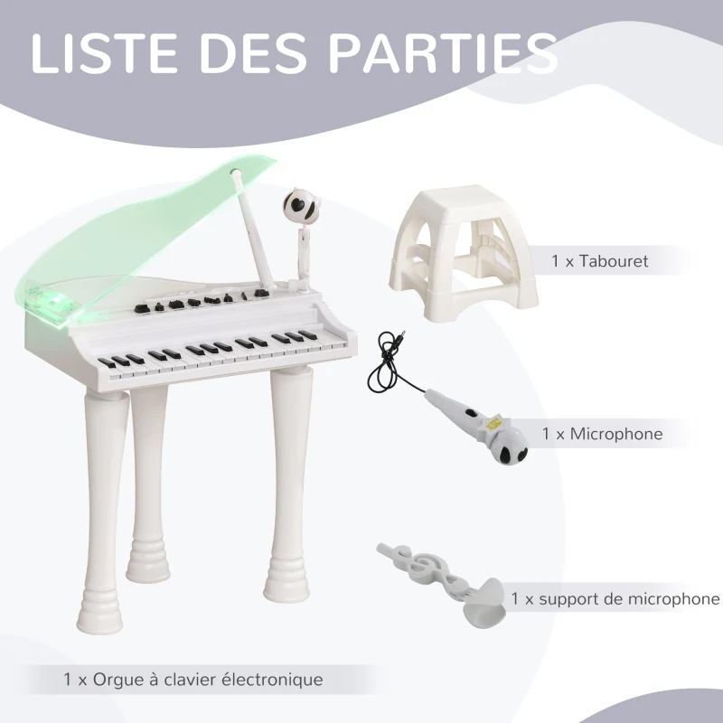AIYAPLAY Piano enfant électronique 32 touches multifonctions avec micro haut parleur tabouret couvercle lumineux LED blanc