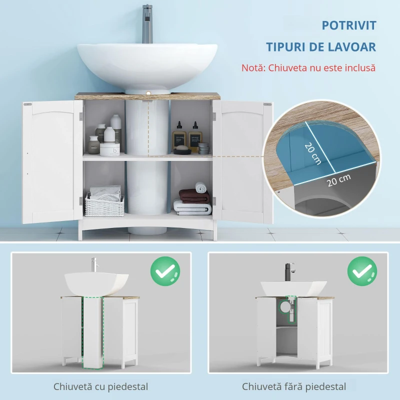 kleankin Dulap Sub Lavoar Baie cu 2 Uși și Raft Reglabil Alb și Lemn
