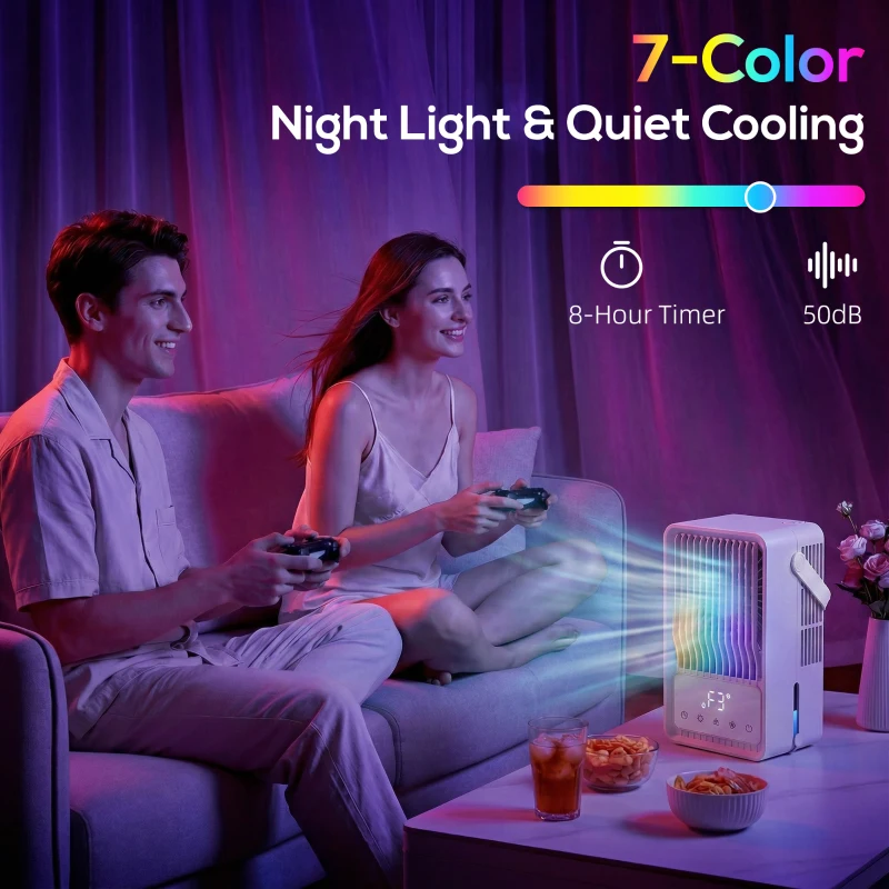 HOMCOM Portable Air Conditioner, 4-in-1 Mini Air Cooler with 3 Wind Speed, 2 Mist Mode, 7 Colour RGB Light, White