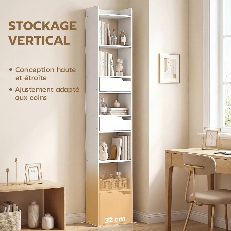 HOMCOM Bibliothèque étagère de rangement étroite, 32x24x181,5cm avec porte 2 tiroirs compartiments ouverts, blanc