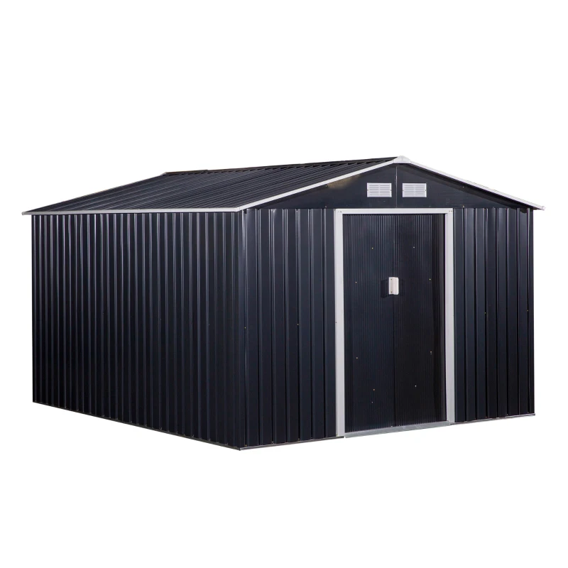 Outsunny Magazie de Depozitare de 11 x 9 din Metal pentru Unelte de Gradina cu Usi Glisante Duble si 4 Orificii de Aerisire(m-15)