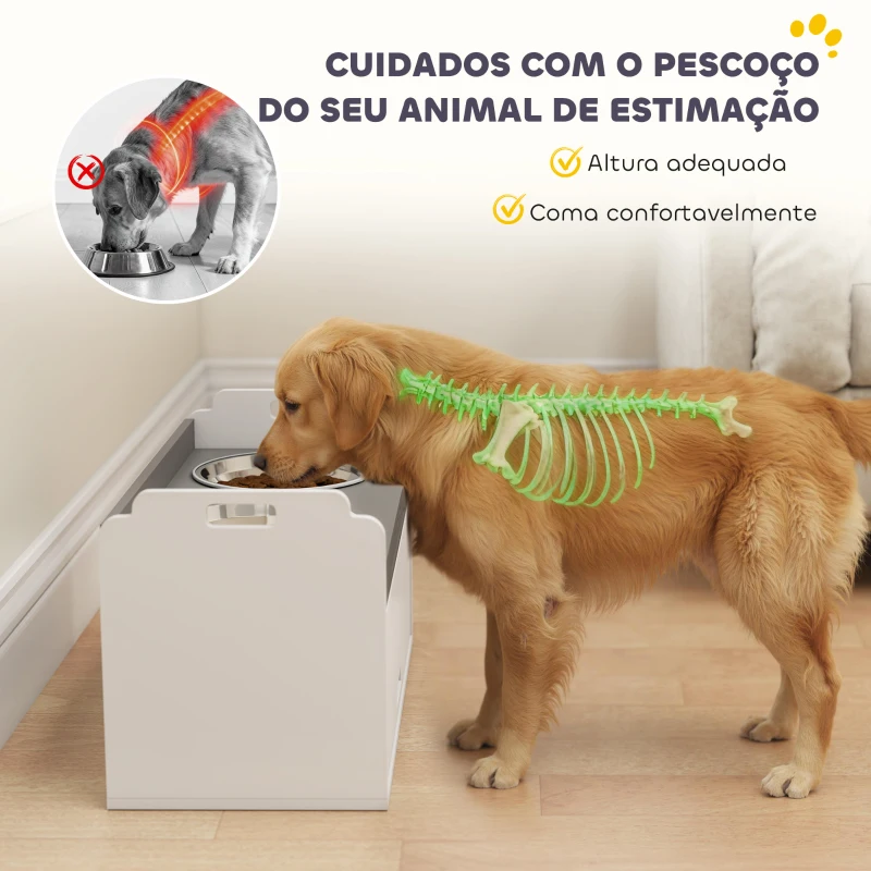 PawHut Comedouro Elevado para Cães com Armário de Armazenamento 2 Tigelas com Anéis Antiderrapantes 60x30x35,5cm Branco