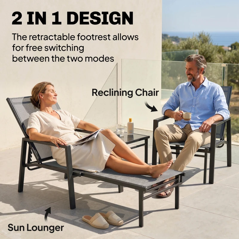 Outsunny Sun Loungers Set of 2 Retractable Footrest 5-Position Adjustable Steel Frame for Beach, Porch, Patio, Camping, Dark Grey