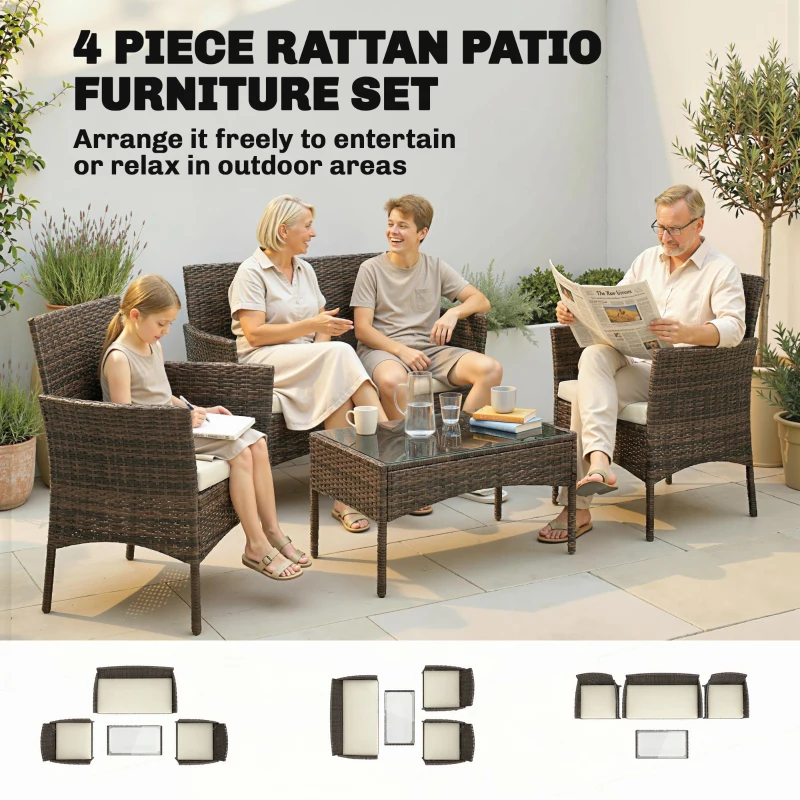 Outsunny 4 Piece Rattan Garden Furniture Sofa Set with Loveseat, Armchairs, Glass-Top Coffee Table and Cushions, Brown