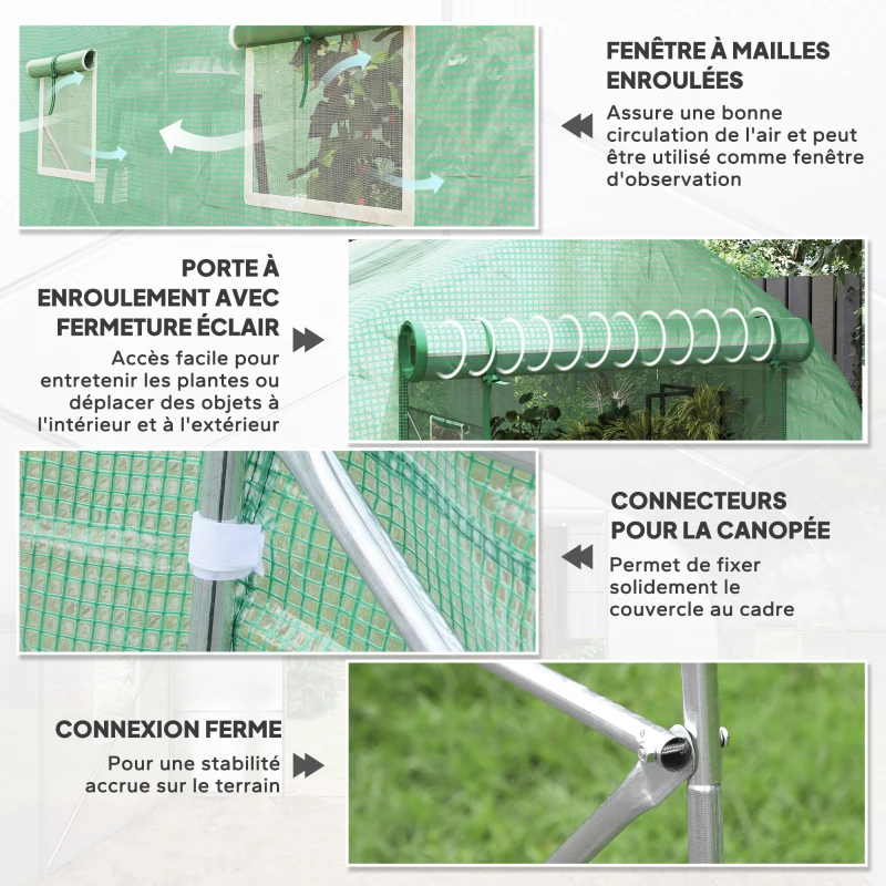 Outsunny Serre tunnel de jardin 8m², serre de jardin tunnel avec 1 porte et 6 fenêtres, bâche PE 140g/m² 400x200x200cm vert