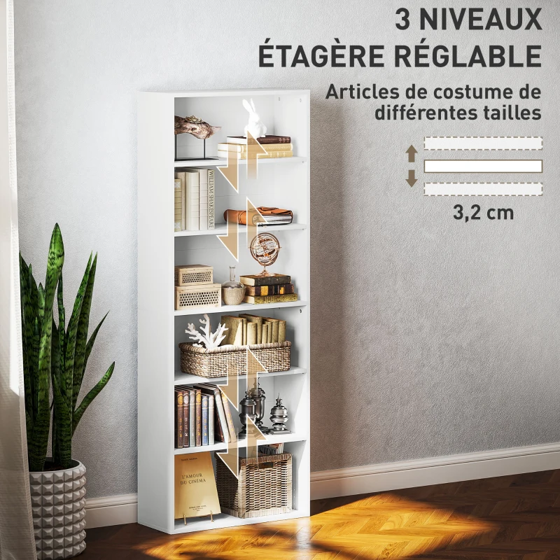 HOMCOM Bibliothèque étagère de rangement 6 niveaux avec étagères réglables pour salon, chambre, bureau, 60x24x158,5cm, blanc